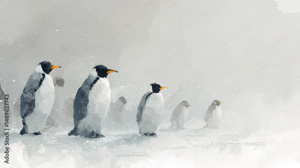 Obraz premium Group of seven emperor penguins walking in a line on snowy ice surface du winter with cloudy sky background in a natural cold habitat