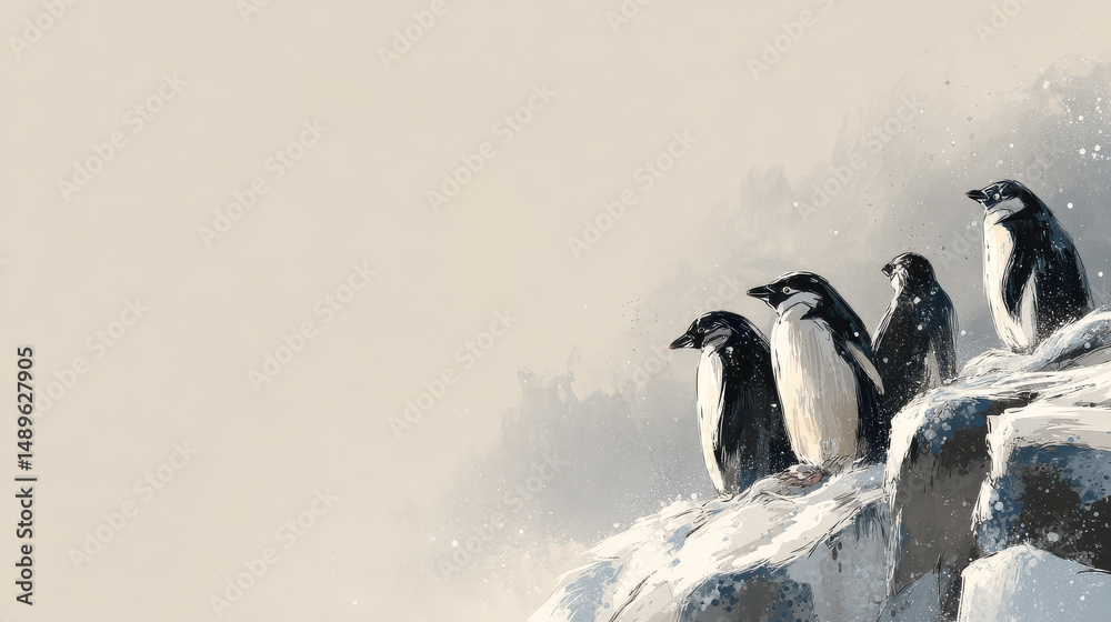 Obraz premium Group of penguins standing on icy rocks in a snowy landscape with overcast sky, realistic winter wildlife scene captu cold environment and animal behavior