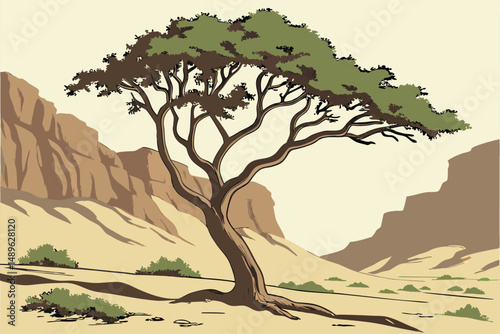 4 a majestic tree in a desert landscape, with rocky cliffs in the background, vibrant green foliage, textured bark, and a sense of solitude and tranquility, digital painting, highly detailed, cinemati