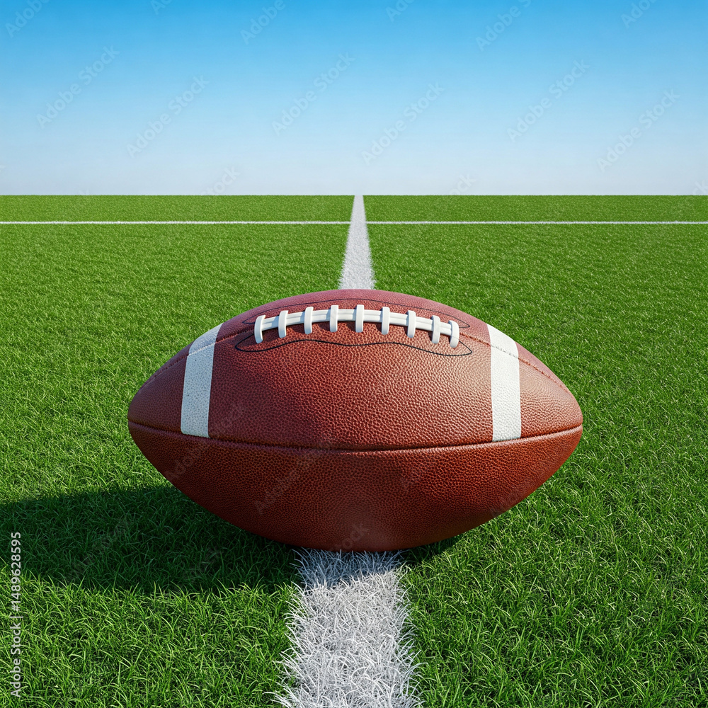 Obraz premium American football on green grass over blue sky