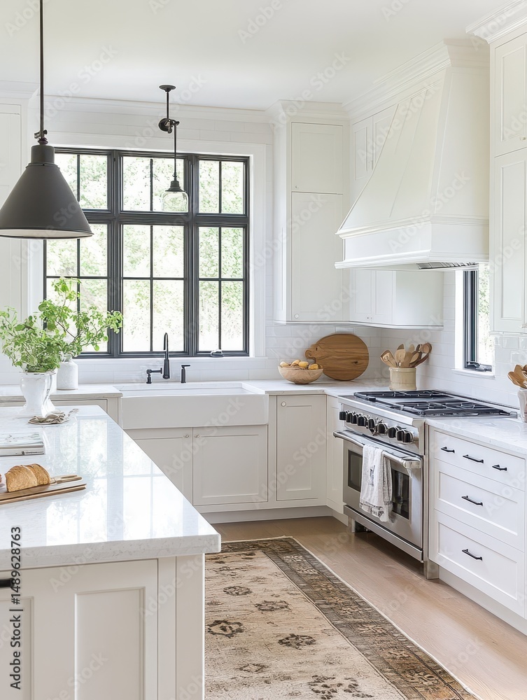 A bright and modern kitchen with a rustic rug A bright and modern kitchen with a rustic rug