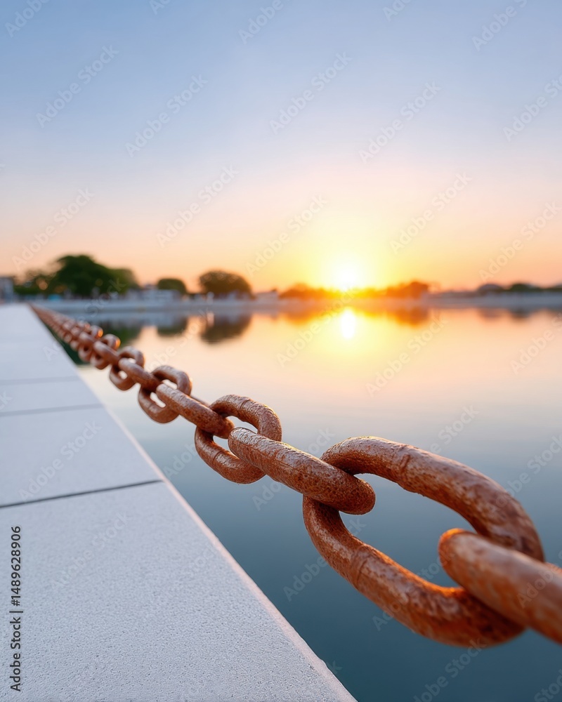 Naklejka premium Sunset over a tranquil lake with a rusty chain in the foreground