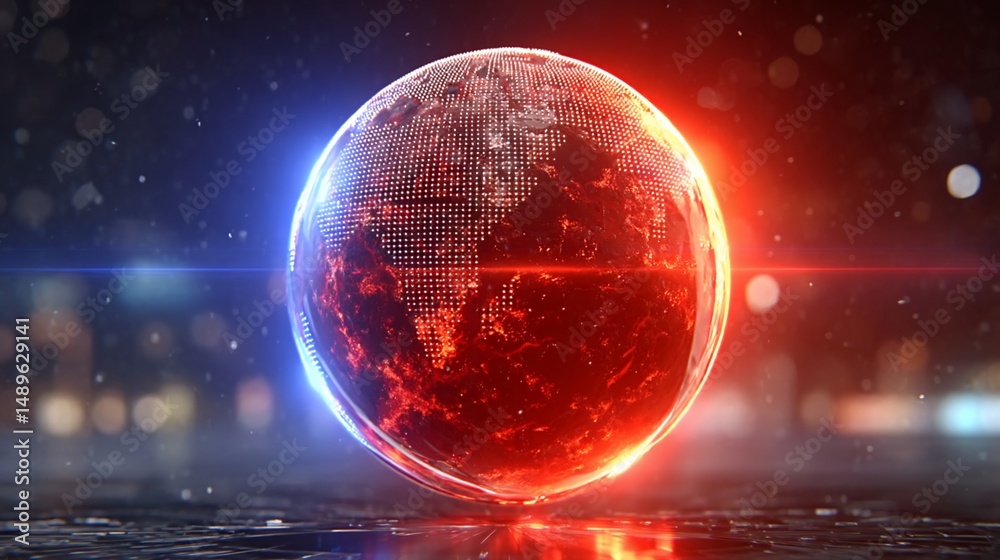 Obraz premium Global fiery news sphere on wet surface