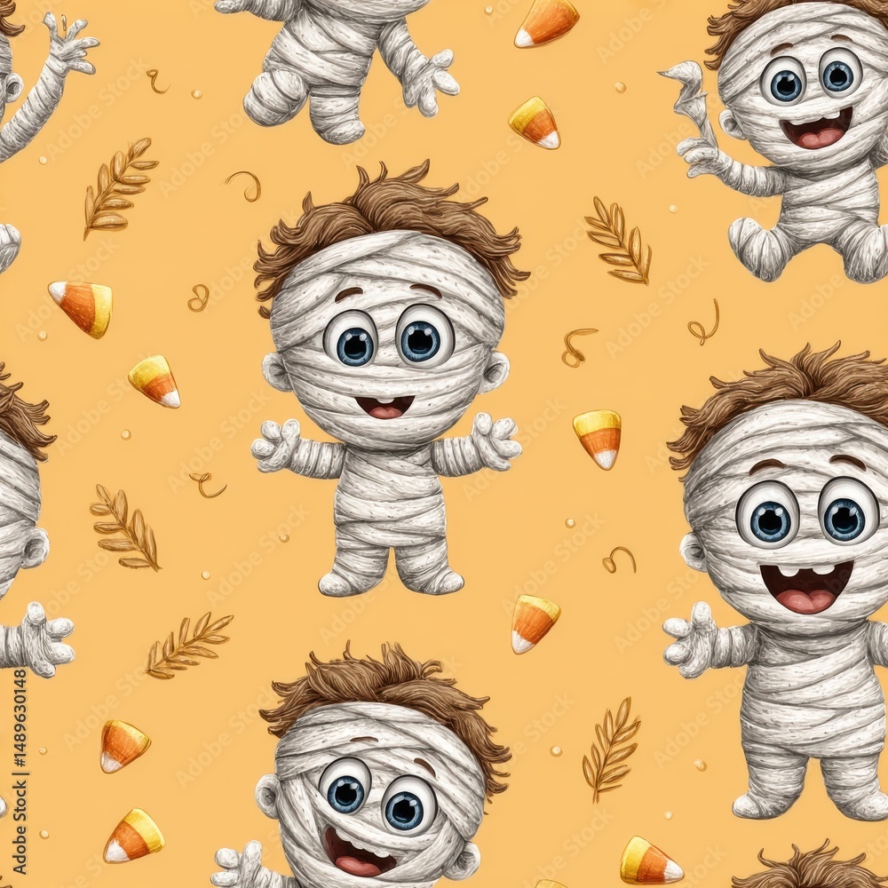 Fototapeta premium Cute Cartoon Mummy Kids Halloween Seamless Pattern Orange Background