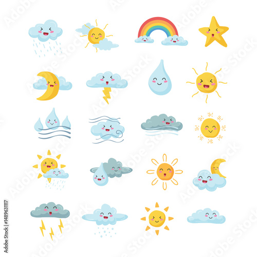 Cute Cartoon Weather Icons Featuring Sun, Clouds, Rain Illustration Collection