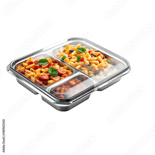 Compartment Food Container with Pasta Dishes, isolated on transparent background.