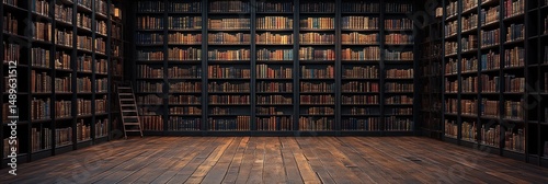 Spacious traditional library with tall wooden bookshelves filled with numerous old books and a ladder leaning against one shelf on wooden flooring