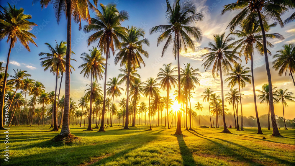 Fototapeta premium Palm Tree Grove with Sunlight Bursting Through, Blue Sky and Tropical Landscape