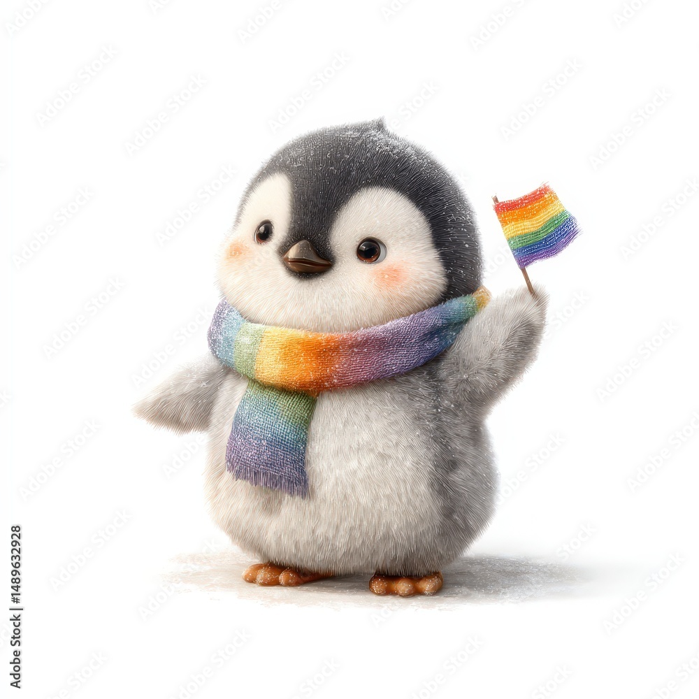 Fototapeta premium Cute penguin with a rainbow flag and scarf, celebrating diversity.