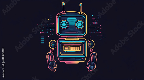 Retro Robot with Digital Art, and Dark Background.