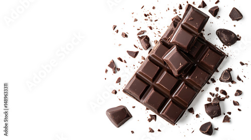 A chocolate bar with a few pieces missing. The chocolate is broken into small pieces and scattered on a white background