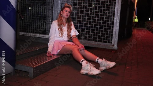 A girl with long blond hair in a pink miniskirt and a white blouse sits in a recreation park at night.