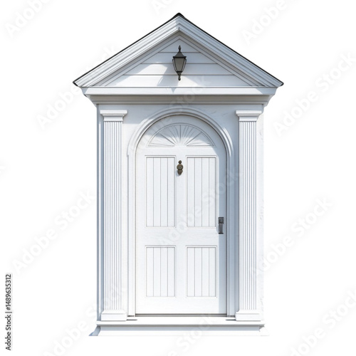 Elegant white front door with arched top and columns classic design home entrance