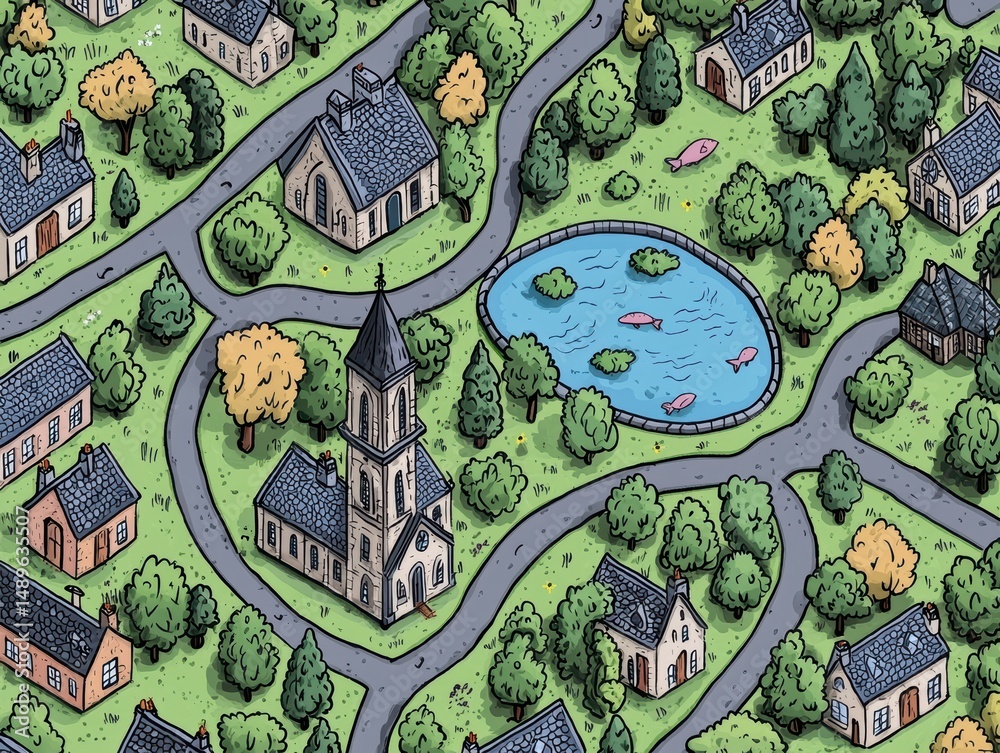 Obraz premium Colorful illustration of a quaint village with houses and scenery