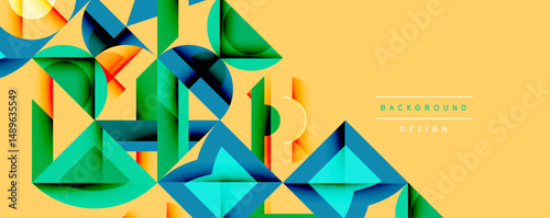 Abstract geometric shapes overlap, creating vibrant visual texture. Yellow background complements blue, green elements. Modern design.