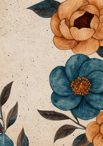 Elegant Floral Background with Blue and Orange Flowers on Beige