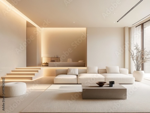A minimalist interior shows a modern minimalist living space
