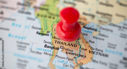 Photography Red pin stuck on Thailand map, Tourism in Thailand Concept.