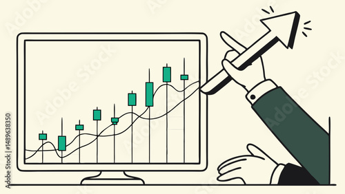 Vector businessman pointing at rising graph on computer screen, symbolizing growth and success in finance