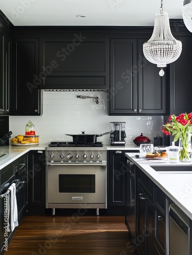 The modern kitchen features a sleek design with dark cabinetry