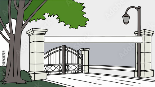 Vector serene park entrance featuring decorative gate, surrounded by lush trees and lamppost, inviting visitors to explore