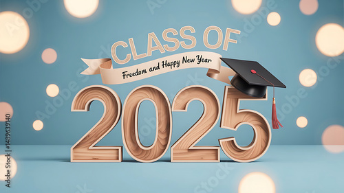 Class of 2025 concept. Wooden number 2025 with a graduate hat on a blue background with bokeh. Congratulatory banner. Freedom and Happy New Year. success in the future goal and passing time 