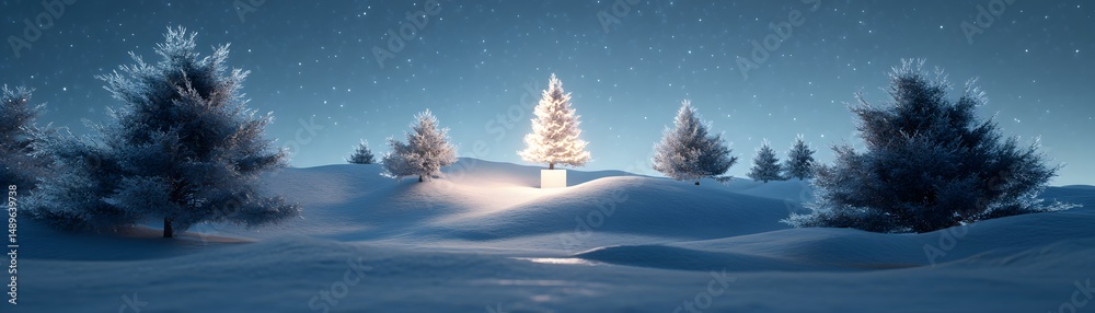 Fototapeta premium Winter landscape with snow-covered trees under a starry night.