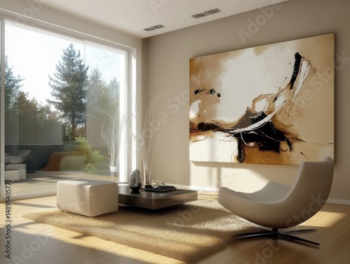 An elegant modern living room with abstract art