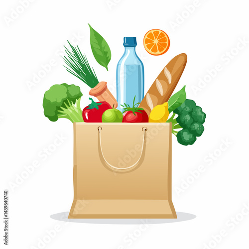 reusable shopping paper bag on white background with fruits, vegetables, bread, metal water bottle,  chicken, meat, fish half inside 