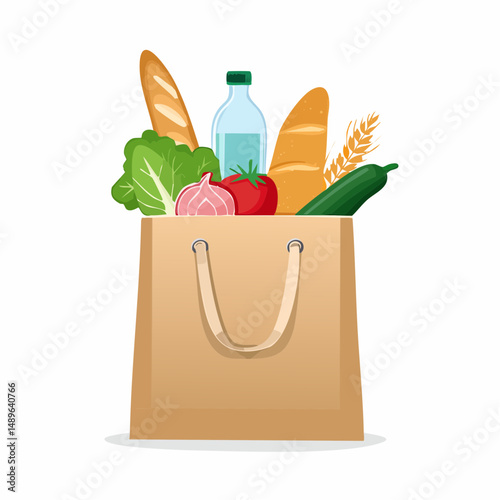 reusable shopping paper bag on white background with fruits, vegetables, bread, metal water bottle,  chicken, meat, fish half inside 