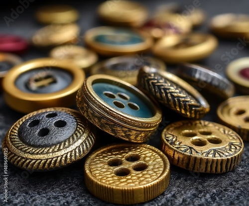 the image shows a collection of ornamental, four hole closures scattered on a textured surface. these fasteners are mostly gold in color, featuring diverse textures and designs