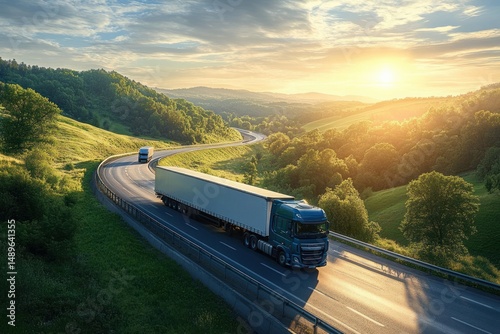 Two large semi-trailer trucks driving on a winding highway surrounded by green hills under a bright setting sun and partly cloudy sky