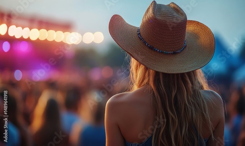Back view of a young american woman fan of country music attending a country music concert wearing a cowboy hat and copy space