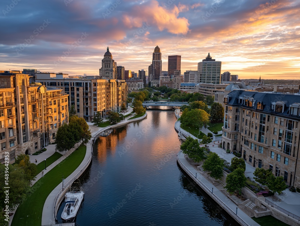 Obraz premium River reflects citys sunset glow