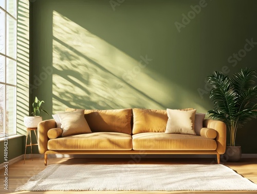 A modern furnished living room with sunlight and a couch