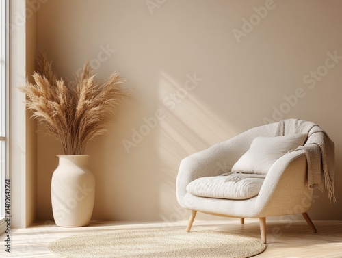 A cozy beige chair is set next to some pampas grass