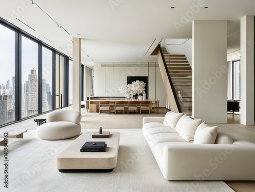 A modern minimalist interior design is displayed in this image
