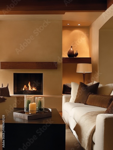 A modern living room with fireplace and decorations