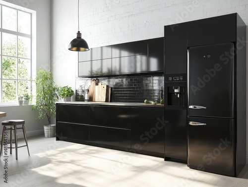 Modern black kitchen with modern cabinets and a refrigerator