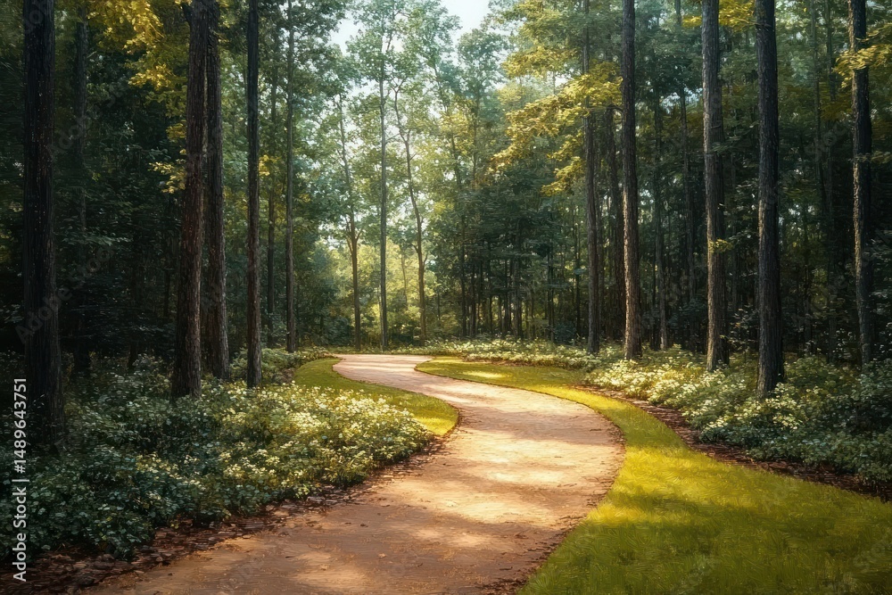 Fototapeta premium Sunlit winding dirt path through a dense green forest with tall trees and lush ground vegetation under a bright sky