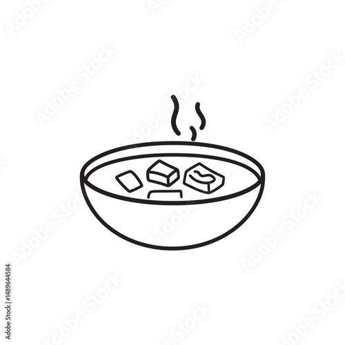 Outline drawing shows hot soup with tofu cubes inside a bowl, on transparent background