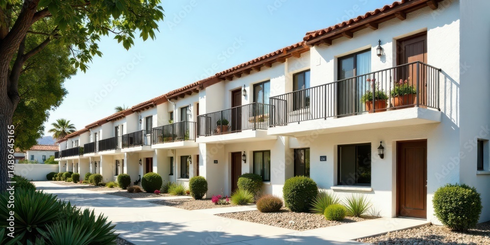 Fototapeta premium Sun-drenched Mediterranean-style residential complex featuring multiple units with private balconies, lush landscaping, and a tranquil walkway.