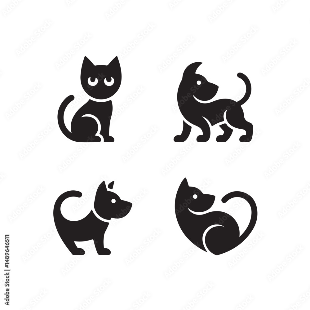 Naklejka premium Pet Logo Silhouette Bundle with Dogs Cats Paw Prints and Pet Care Icons