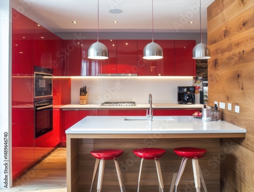 Modern kitchen boasts red cabinets and contemporary lighting in a house