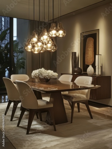 An elegant dining room features a modern dining set