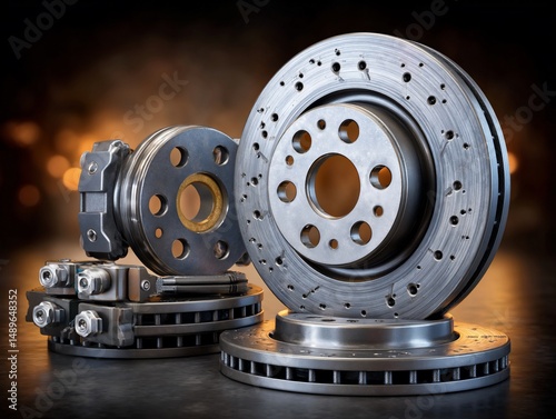 Stacked brake parts gleam under spotlight