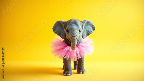 Surreal Baby Elephant in Pink Tutu Posing in Yellow Studio