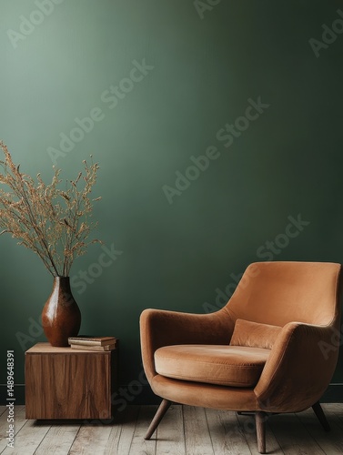 A warm chair and vase creates a cozy and calm atmosphere
