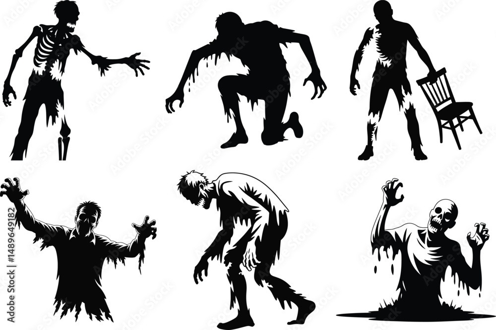 Fototapeta premium Spooky Halloween Zombie Silhouette clipart SVG Bundle, Zombie Vector Illustration set. Walking Dead Zombie, Zombie Apocalypse, Creepy Zombie, Undead Zombie, Scary Zombie Face – Halloween Horror Vector