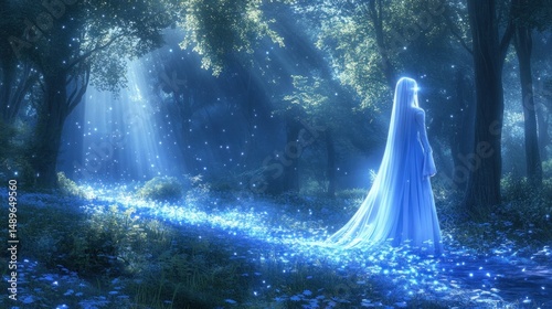 Enchanted forest woman in glowing blue dress at night mystical fantasy fairytale scene